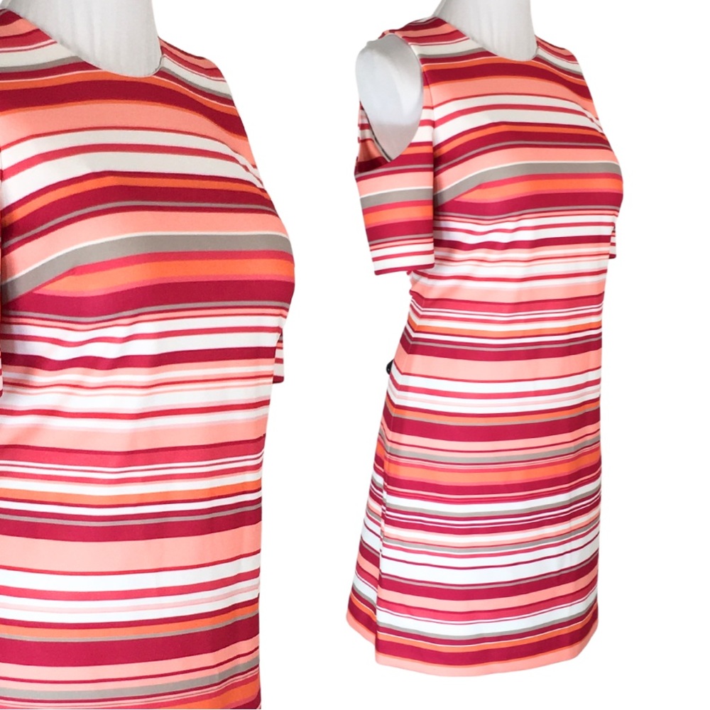 Calvin Klein HIBISCUS Pink Orange Striped Cold Shoulder A-Line Midi Dress size 6 - Picture 4 of 16